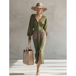 OYROSY Olive Green Hooded Maxi Dress Full Zip Mauve Pink Pockets Size M NEW